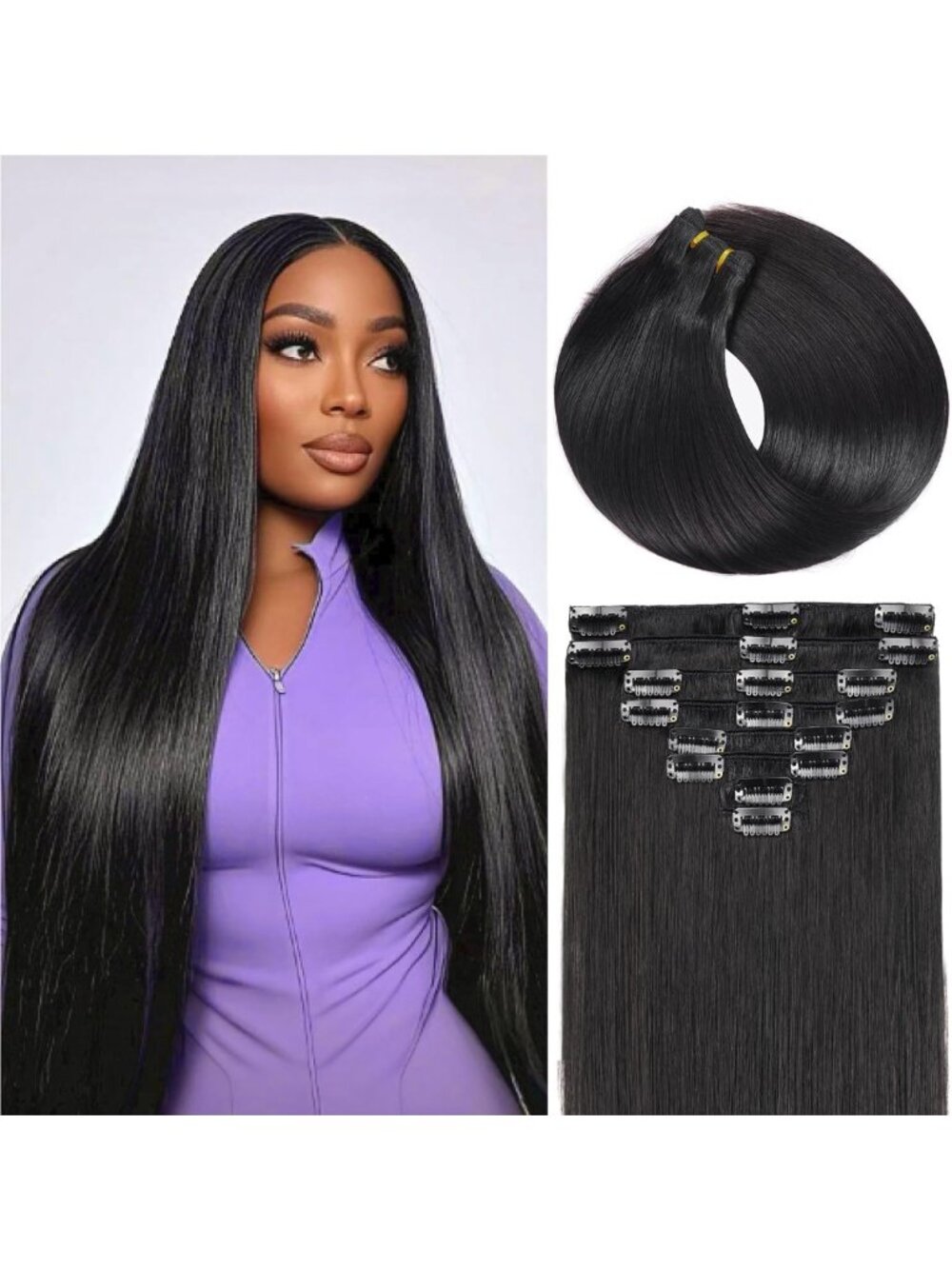 20" Clip-In Human Hair Extensions, 1B Natural Black, 8pcs, Double Weft, No